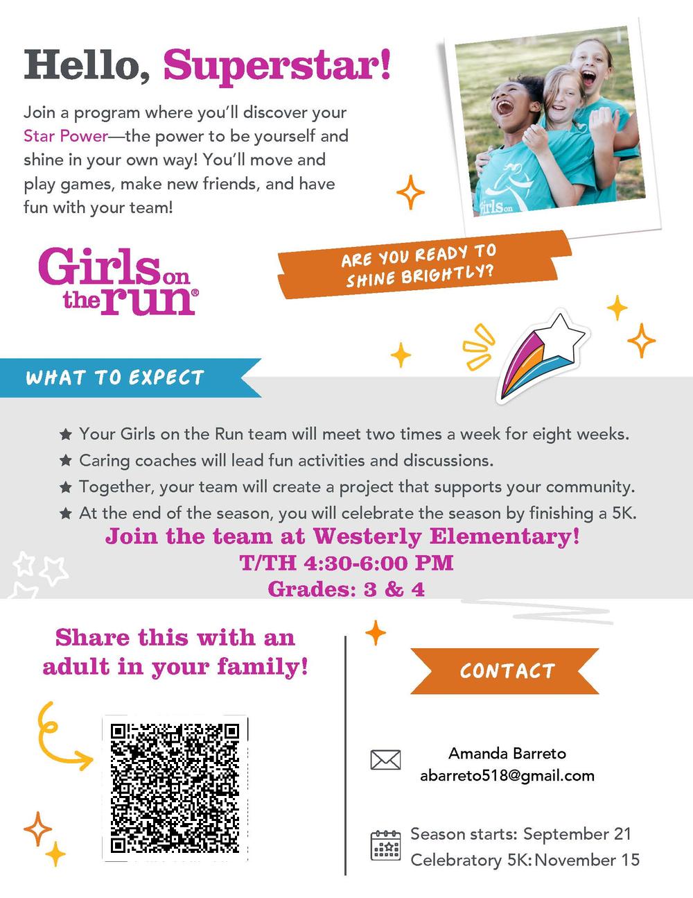 Girls on the Run flyer for the 2026 season, featuring a running girl with meeting information and QR Code.