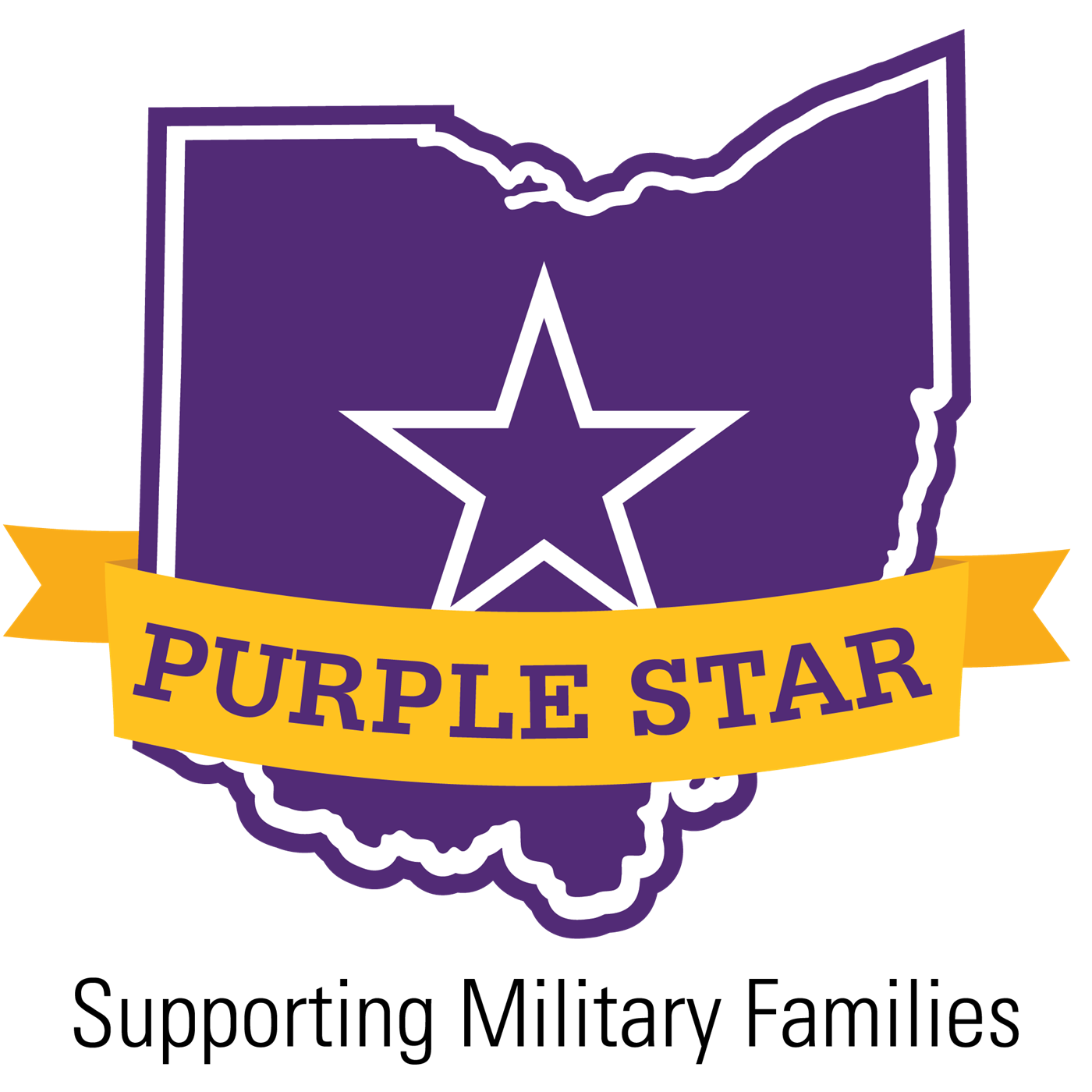 The Purple Star military schools logo for the state of Ohio. It is a purple state with a star in the middle with a yellow banner that says Purple Star.
