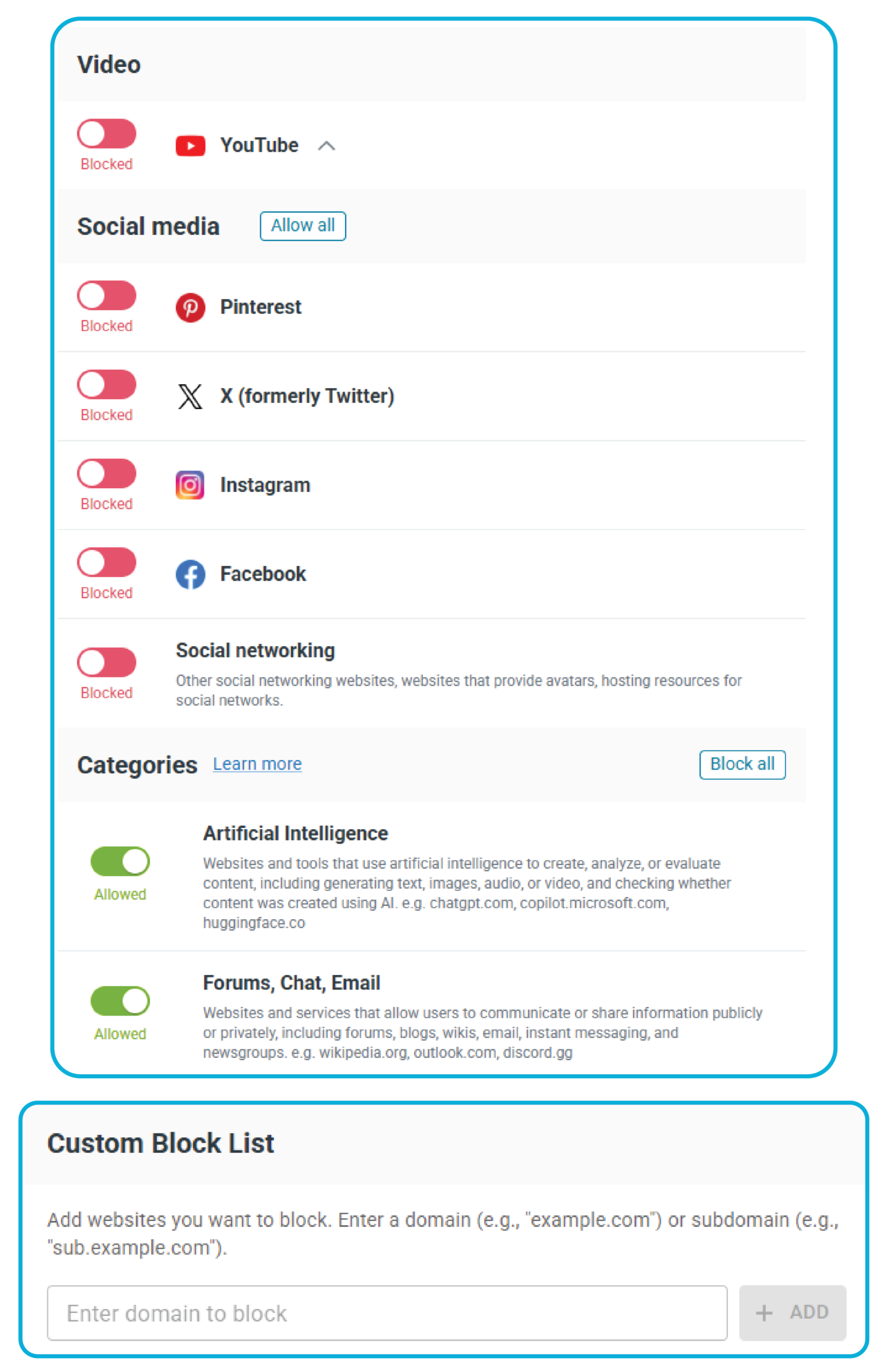 parent at-home controls are shown with YouTube and social media disabled