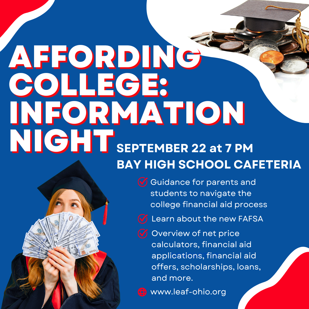 College Aid Night Flyer for September 2026 with student in grad cap fanning dollar bills.
