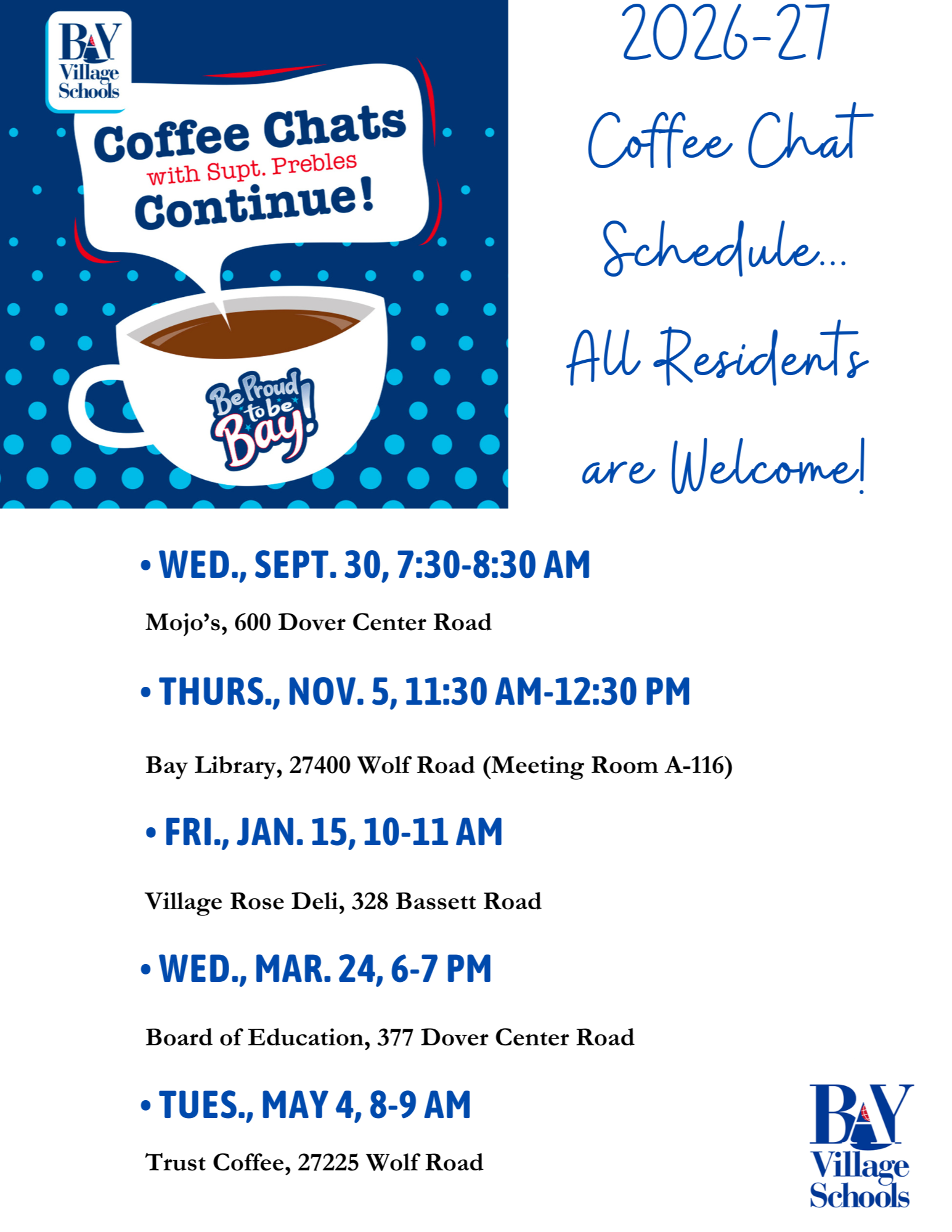Coffee Chats Flyer for 2026-27 school year with a coffee mug icon.