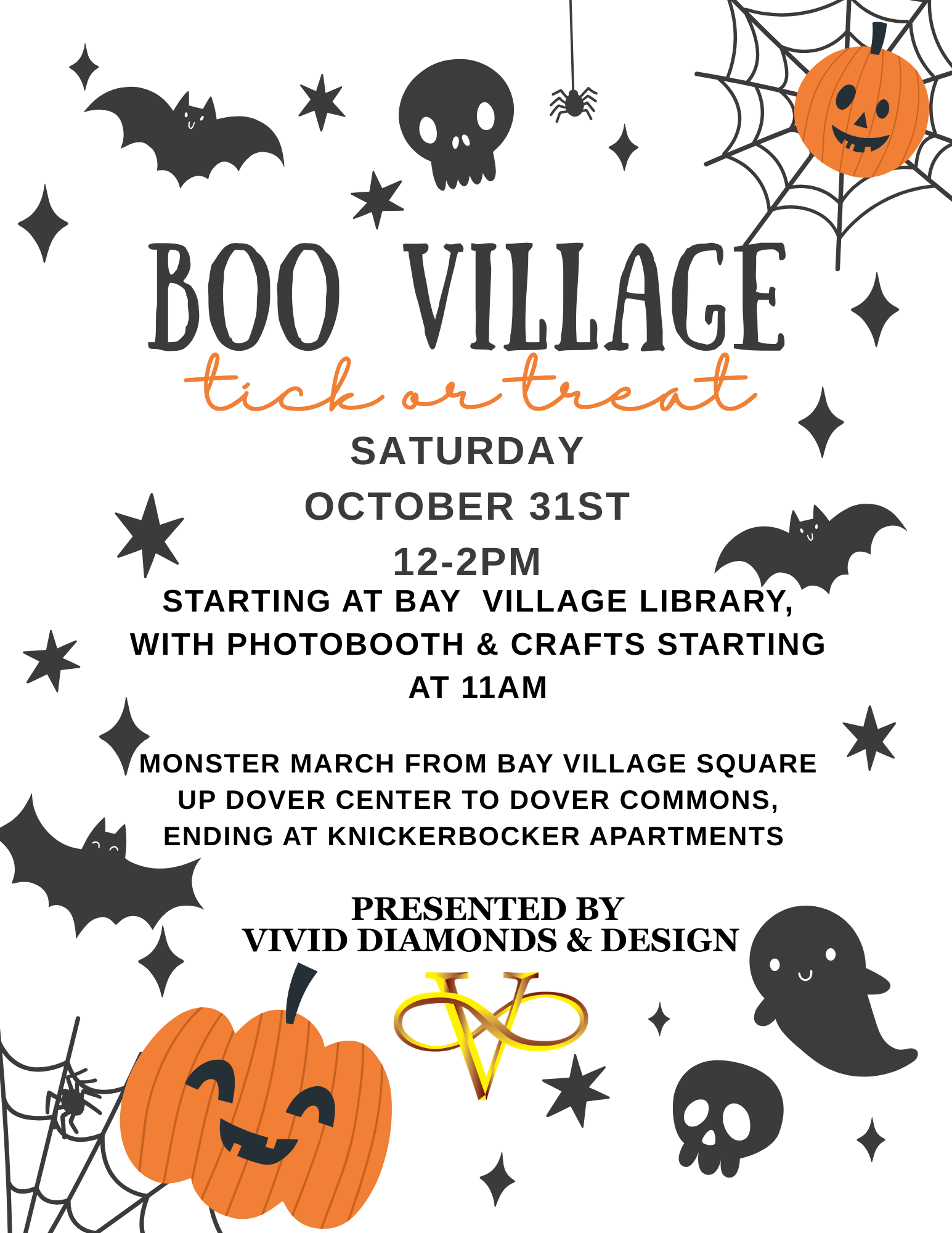 Boo Village Flyer for a Halloween monster walk through town with an orange, black and white theme with bat images and text about the Oct. 30, 2026 merchant event.