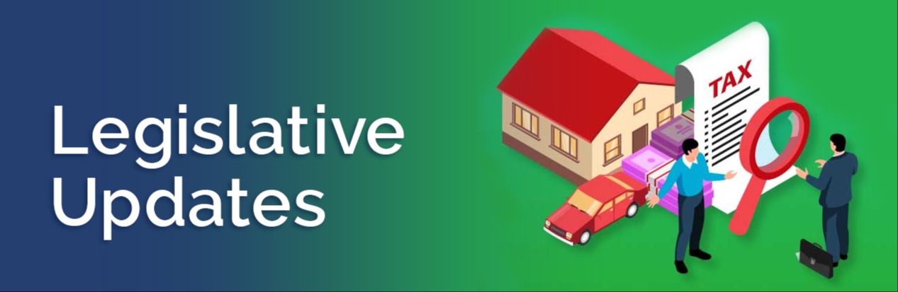 Legislative Updates image with a green background, house, tax bill, car and a looking glass.