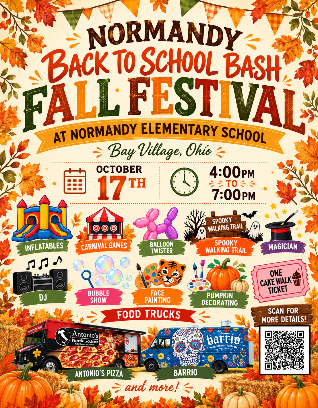 Normandy Fall Festival Flyer with many icons, including pumpkins, a circus tent, pizza, a magic hat, balloon twisting animal and QR code for the Oct. 17, 2026 event from 4-7 p.m. at Normandy Elementary School.