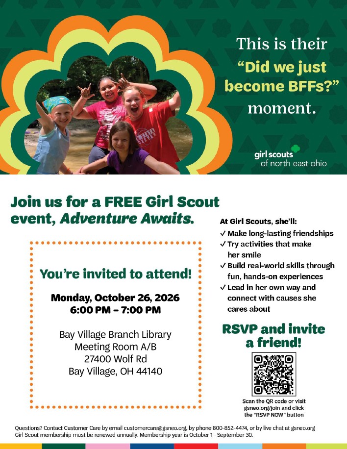 Girls Scouts flyer for October 2026 membership event showing a photo of four girls goofing around and smiling.