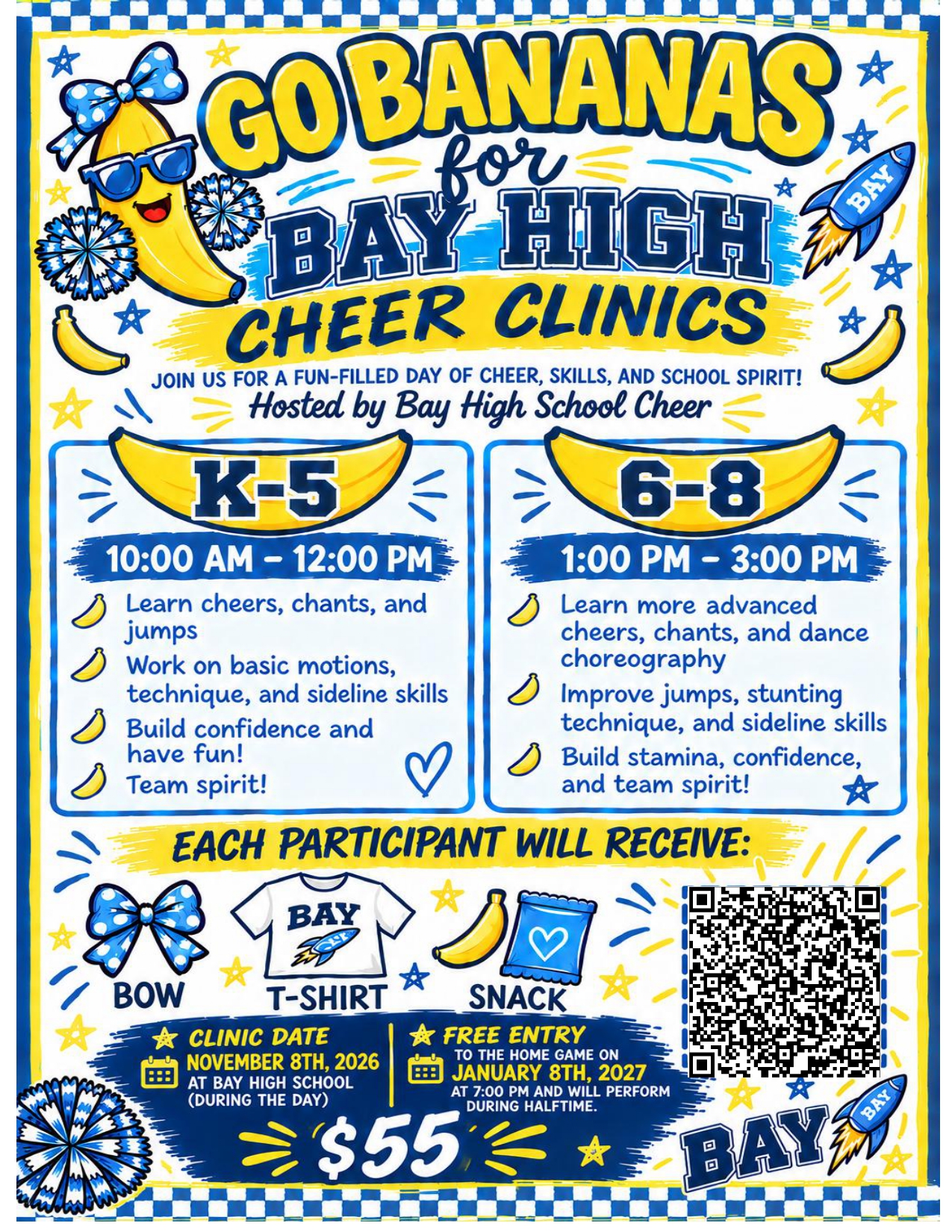 Cheer Camp flyer for November 8, 2026 with a yellow and blue theme with a banana on it and icons for cheering such as a bow, pom and more.