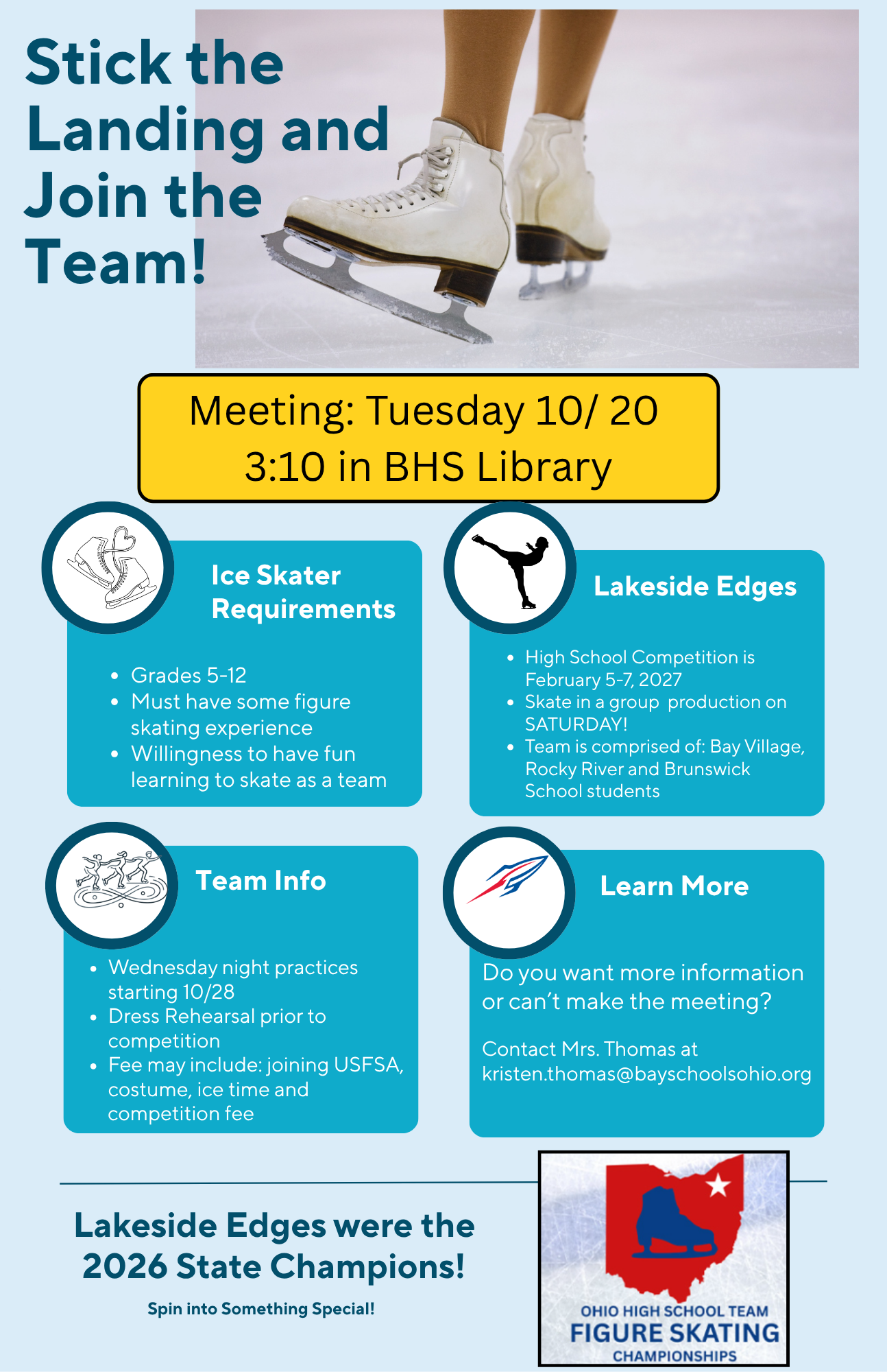 Skating Club Flyer image for a club meeting with skates in background.