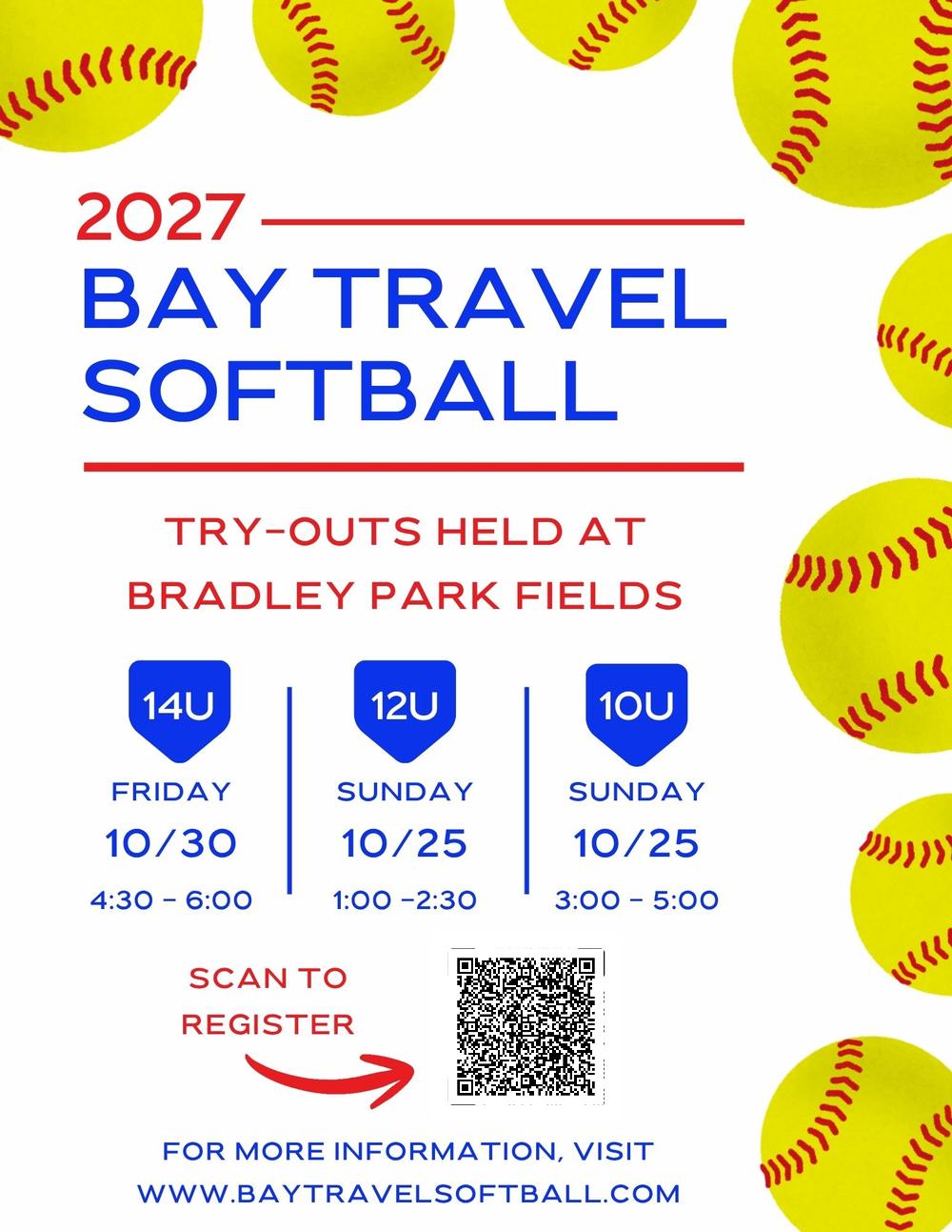 Bay Village Travel Softball Flyer with yellow softball motif and white background with red and blue text info.