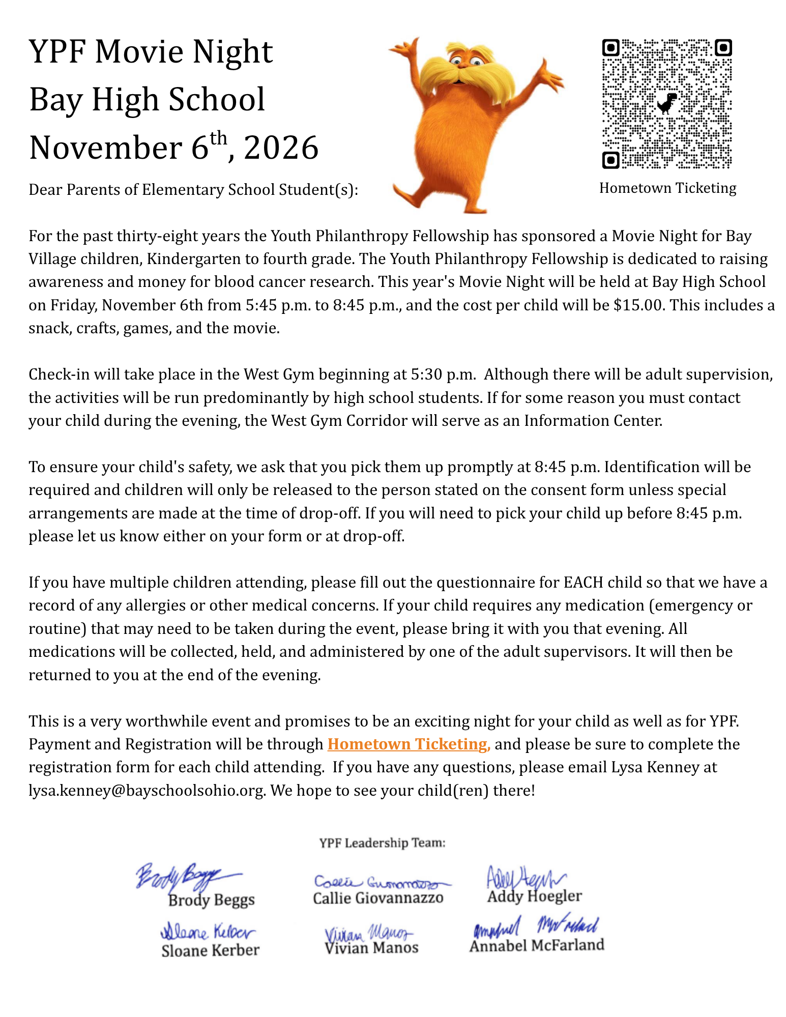 Movie Night fundraising flyer letter.