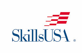 The SkillsUSA logo features the name 'SkillsUSA' in blue with a stylized red and white graphic resembling motion lines above it.