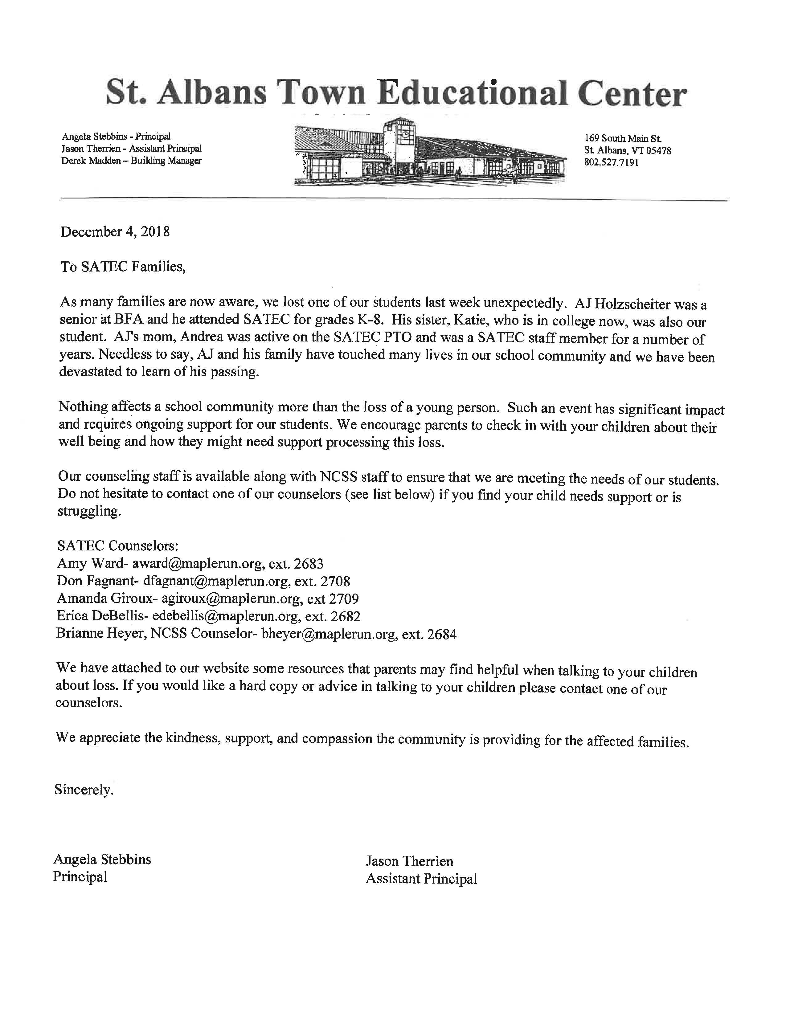 Letter dated December 4, 2018 from Principal Angela Stebbins and Assistant Principal Jason Therrien to SATEC Families