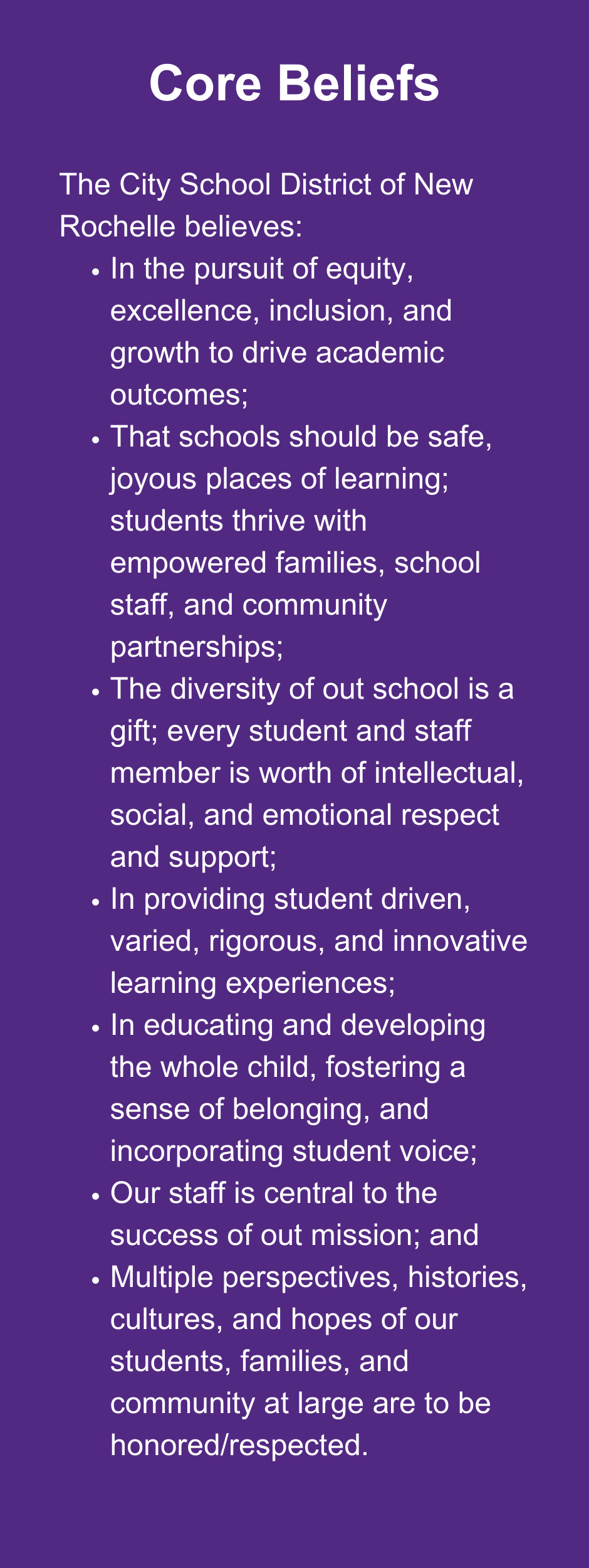 Core Beliefs: The City School District of New Rochelle believes: In the pursuit of equity, excellence, inclusion, and growth to drive academic outcomes; That schools should be safe, joyous places of learning; students thrive with empowered families, school staff, and community partnerships; The diversity of out school is a gift; every student and staff member is worth of intellectual, social, and emotional respect and support; In providing student driven, varied, rigorous, and innovative learning experiences; In educating and developing the whole child, fostering a sense of belonging, and incorporating student voice; Our staff is central to the success of out mission; and Multiple perspectives, histories, cultures, and hopes of our students, families, and community at large are to be honored/respected.