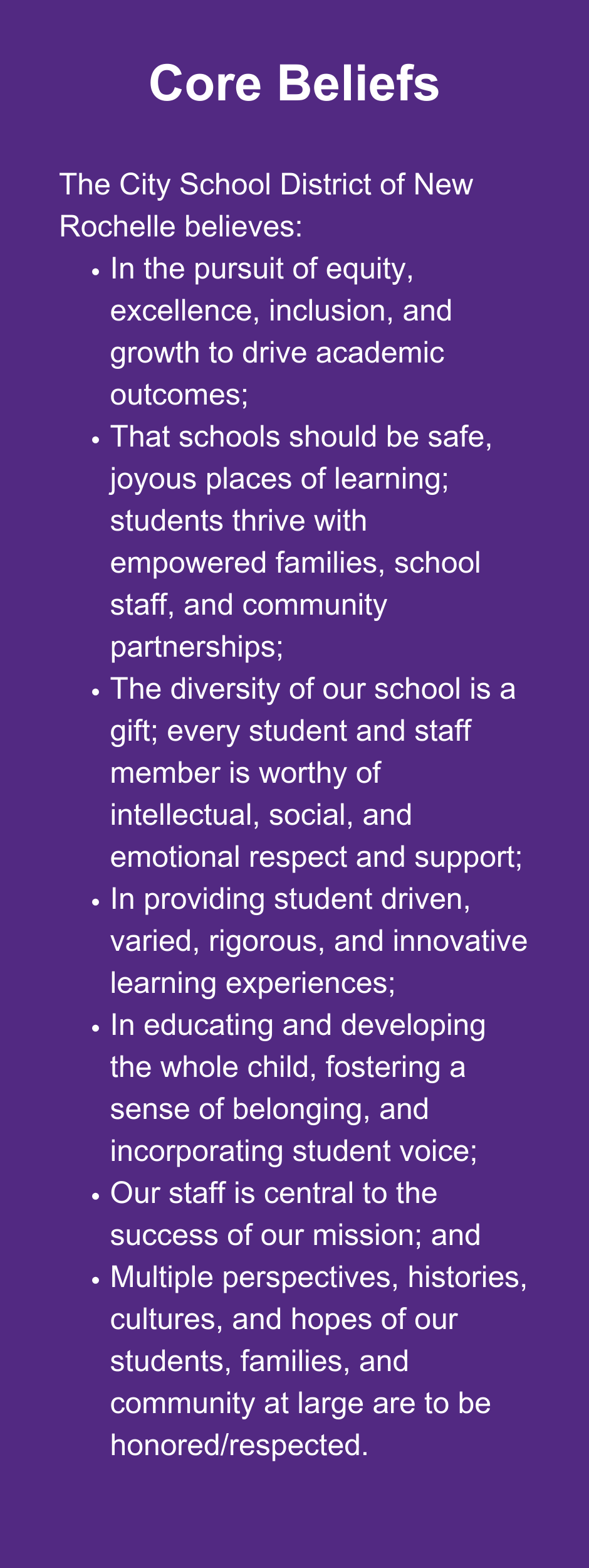 Core Beliefs: The City School District of New Rochelle believes: In the pursuit of equity, excellence, inclusion, and growth to drive academic outcomes; That schools should be safe, joyous places of learning; students thrive with empowered families, school staff, and community partnerships; The diversity of out school is a gift; every student and staff member is worth of intellectual, social, and emotional respect and support; In providing student driven, varied, rigorous, and innovative learning experiences; In educating and developing the whole child, fostering a sense of belonging, and incorporating student voice; Our staff is central to the success of out mission; and Multiple perspectives, histories, cultures, and hopes of our students, families, and community at large are to be honored/respected.