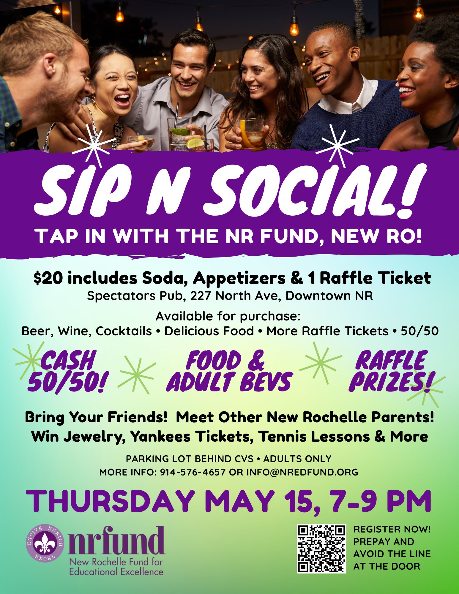 New Rochelle Fund Sip and Social Event $20 at Spectators Pub May 15 7-9