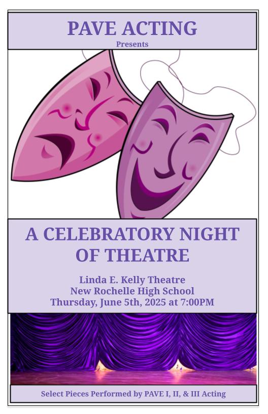 An advertisement for "PAVE Acting Presents A Celebratory Night of Theatre." The top half features two purple theatrical masks, one portraying a sad expression and the other a happy expression. The bottom half displays a purple stage curtain with spotlights illuminating the empty stage. Text below the masks reads: "Linda E. Kelly Theatre, New Rochelle High School, Thursday, June 5th, 2025 at 7:00 PM." At the very bottom, it states: "Select Pieces Performed by PAVE I, II, & III Acting."