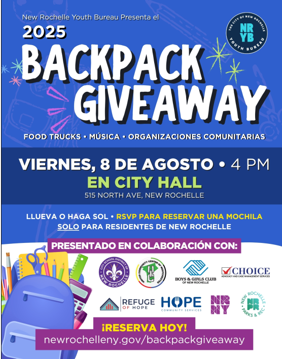 A flyer announces the "2025 Citywide Backpack Giveaway" presented by The City of New Rochelle's Youth Bureau. The event will feature food trucks, music, and community organizations. It is scheduled for Friday, August 8th, at 4 PM at City Hall, located at 515 North Ave, New Rochelle. The flyer states "Rain or Shine" and encourages attendees to RSVP to reserve a backpack for New Rochelle residents only. The event is presented in partnership with several organizations, whose logos are displayed: New Rochelle Youth Bureau, New Rochelle Public Library, Boys & Girls Club of New Rochelle, Advocare and Case Management Services, Refuge of Hope, HOPE Community Services, NIS New York, and the City of New Rochelle. A purple button at the bottom reads "RSVP TODAY!" with the website newrochelleny.gov/backpackgiveaway. The bottom left of the flyer shows a purple backpack with school supplies like pencils, scissors, and a ruler.