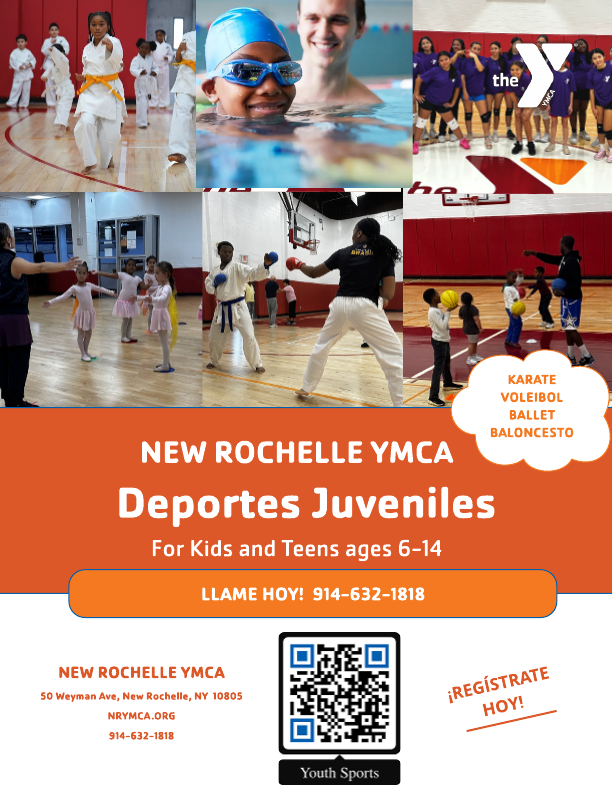 A flyer for the New Rochelle YMCA Youth Sports program for kids and teens ages 6-14. The top half of the flyer is a collage of photos showing children participating in various activities, including karate, swimming, ballet, basketball, and what appears to be a volleyball team. The bottom half is a large orange rectangle with the text "NEW ROCHELLE YMCA YOUTH SPORTS" in big white letters. A smaller orange box below has a call to action: "REGISTER TODAY! CALL 914-632-1818" and "nrymca.org". The very bottom of the flyer includes the New Rochelle YMCA address, website, phone number, a QR code, and a small text "Youth Sports."