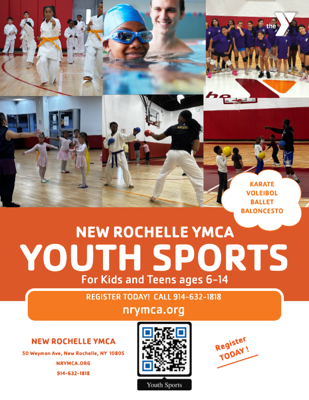 A flyer for the New Rochelle YMCA Youth Sports program for kids and teens ages 6-14. The top half of the flyer is a collage of photos showing children participating in various activities, including karate, swimming, ballet, basketball, and what appears to be a volleyball team. The bottom half is a large orange rectangle with the text "NEW ROCHELLE YMCA YOUTH SPORTS" in big white letters. A smaller orange box below has a call to action: "REGISTER TODAY! CALL 914-632-1818" and "nrymca.org". The very bottom of the flyer includes the New Rochelle YMCA address, website, phone number, a QR code, and a small text "Youth Sports."