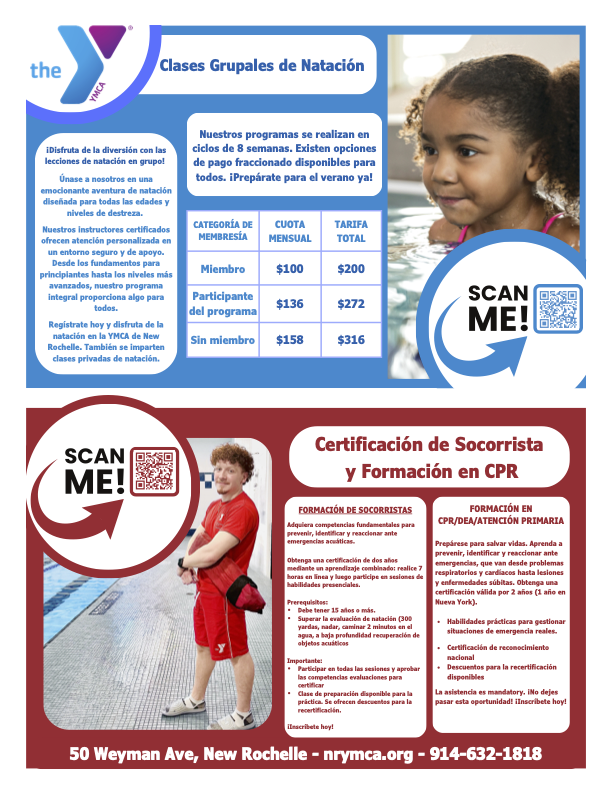 A two-part flyer from the New Rochelle YMCA. The top section is for "Group Swim Lessons," with a blue and white color scheme. It features a photo of a young child in a swimming pool. Text describes the 8-week program, certified instructors, and a table with membership, monthly, and full rates for members, program members, and non-members. There's also a "SCAN ME!" QR code. The bottom section is a red and white flyer for "Red Cross Lifeguard Certification and CPR Trainings." It shows a photo of a male lifeguard standing by a pool. The text details the requirements and benefits of the training, including a 2-year certification, and mentions "CPR/AED/FIRST AID TRAINING." This section also has a "SCAN ME!" QR code. The very bottom of the entire image includes the New Rochelle YMCA address and phone number.