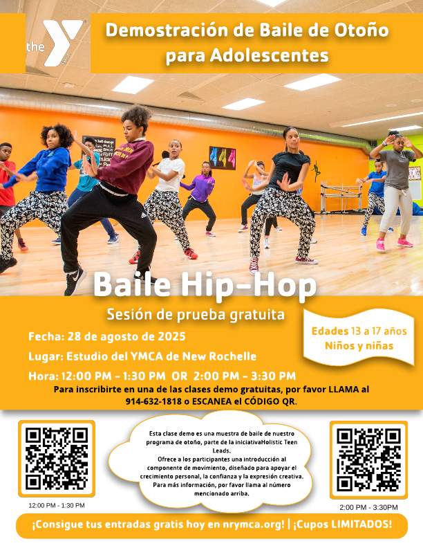 A promotional flyer for a "Teen Fall Dance Demo" at the New Rochelle YMCA Studio. The top half of the flyer shows a group of diverse teenagers in a brightly lit studio performing hip-hop dance moves. The bottom half provides details about the free trial sessions, including the date of August 28, 2025, the location, age range (13-17, boys & girls), and two time slots: 12:00 PM - 1:30 PM and 2:00 PM - 3:30 PM. The text prompts viewers to call a phone number or scan a QR code to sign up. Two QR codes are included at the very bottom, one for each time slot. The flyer also mentions that spots are limited and directs people to get tickets at nrymca.org.