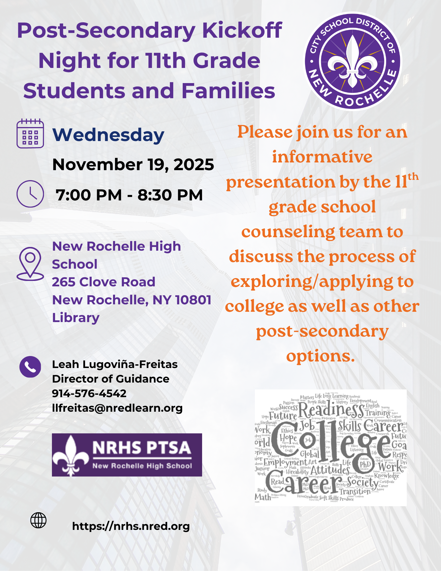 Flyer promoting the Post-Secondary Kickoff Night for New Rochelle High School 11th Grade Students and Families. The event will be an informative presentation by the 11th-grade counseling team on exploring and applying to college and other post-secondary options. The date is Wednesday, November 19, 2025, from 7:00 PM - 8:30 PM, held at the New Rochelle High School Library (265 Clove Road). Contact information for Leah Lugoviña-Freitas, Director of Guidance, is included.