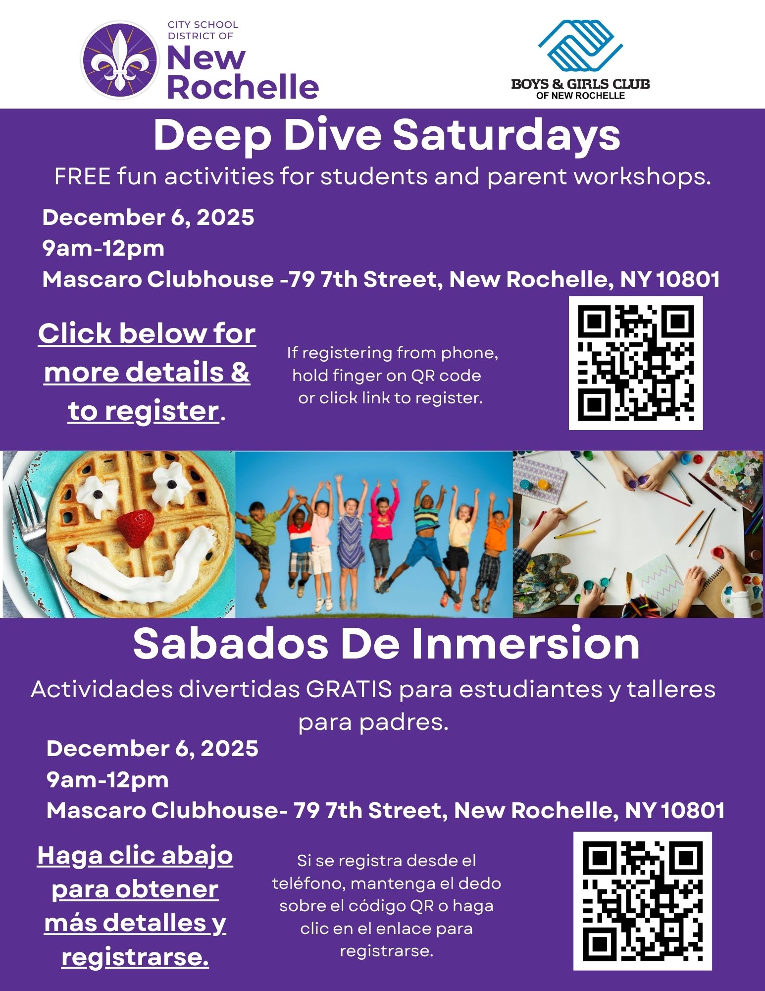 Deep Dive Saturdays flyer for New Rochelle City School District and Boys & Girls Club, scheduled for December 6, 2025, 9 AM-12 PM, at Mascaro Clubhouse - 79 7th Street, New Rochelle, NY 10801. It details free activities and workshops in English and Spanish, with QR codes.
