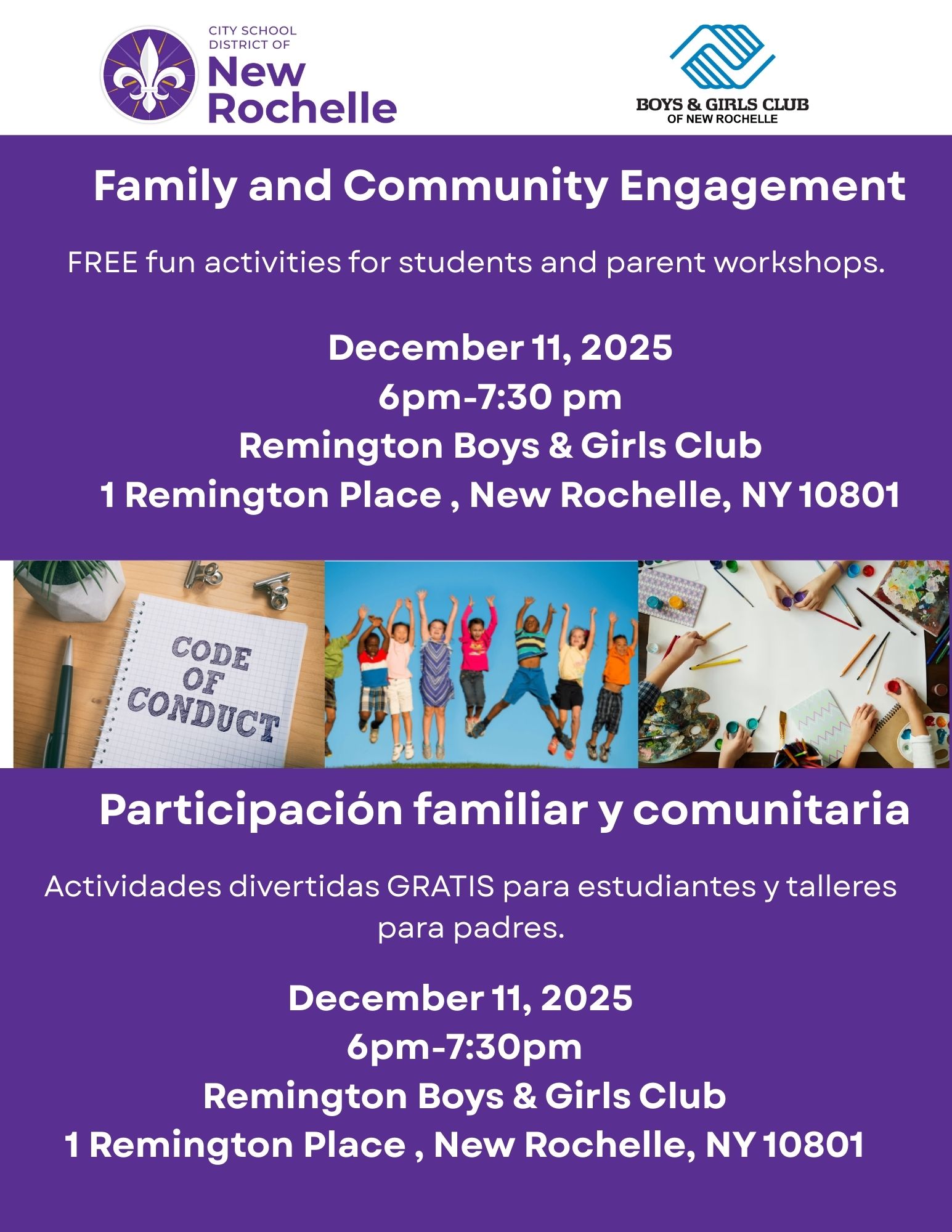 Family and Community Engagement flyer for New Rochelle City School District and Boys & Girls Club, scheduled for December 11, 2025, 6 PM-7:30 PM, at Remington Boys & Girls Club, 1 Remington Place, New Rochelle, NY 10801. It details free activities and workshops in English and Spanish.