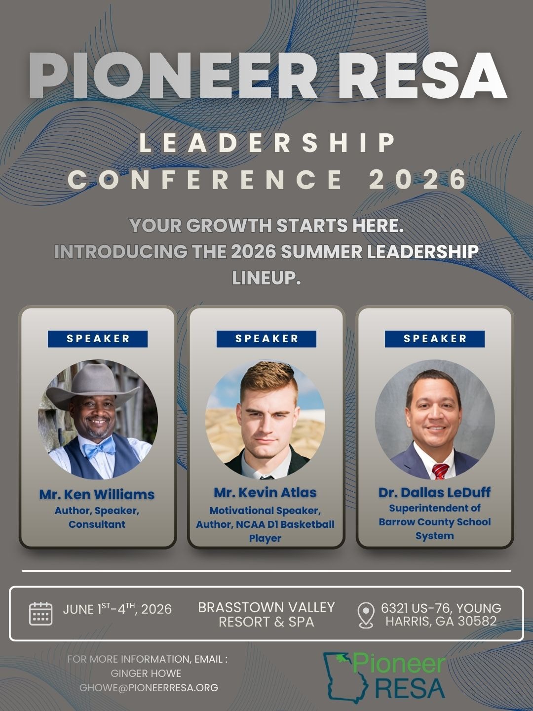An event poster displays three speakers, each with headshots and names. Text reads "Pioneer RESA Leadership Conference 2026". Details include dates, location, and contact information.