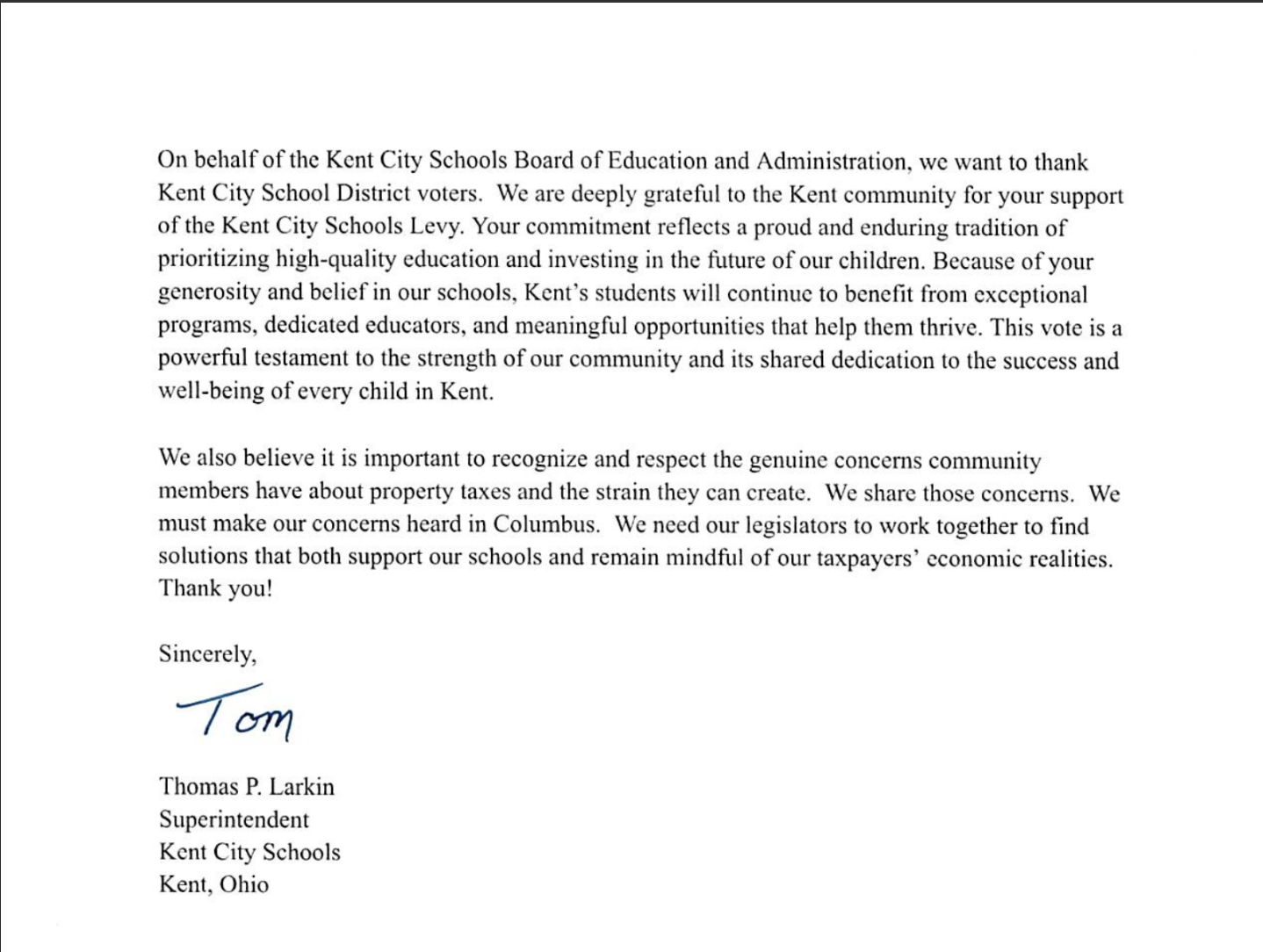 Thank you to the Kent Community Letter from Tom Larkin