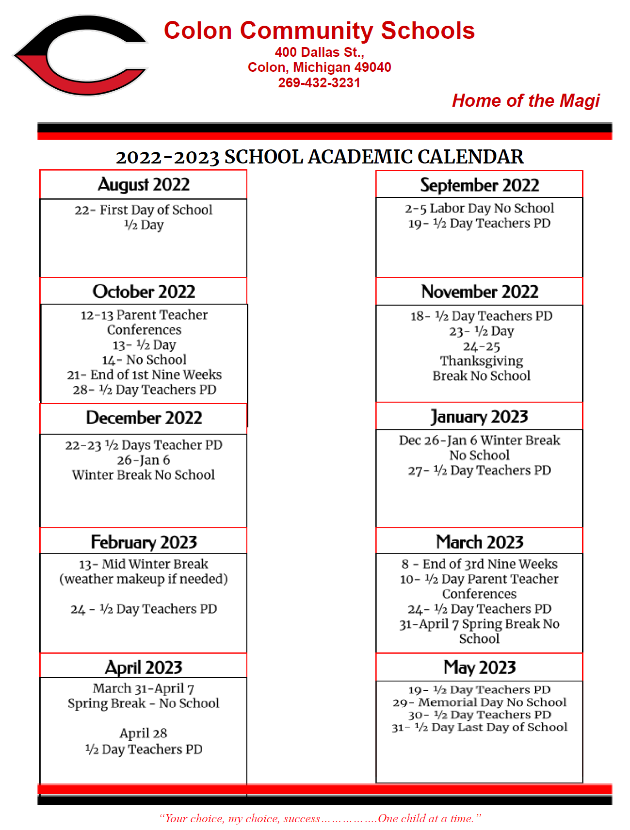 School Calendar Colon Community Schools