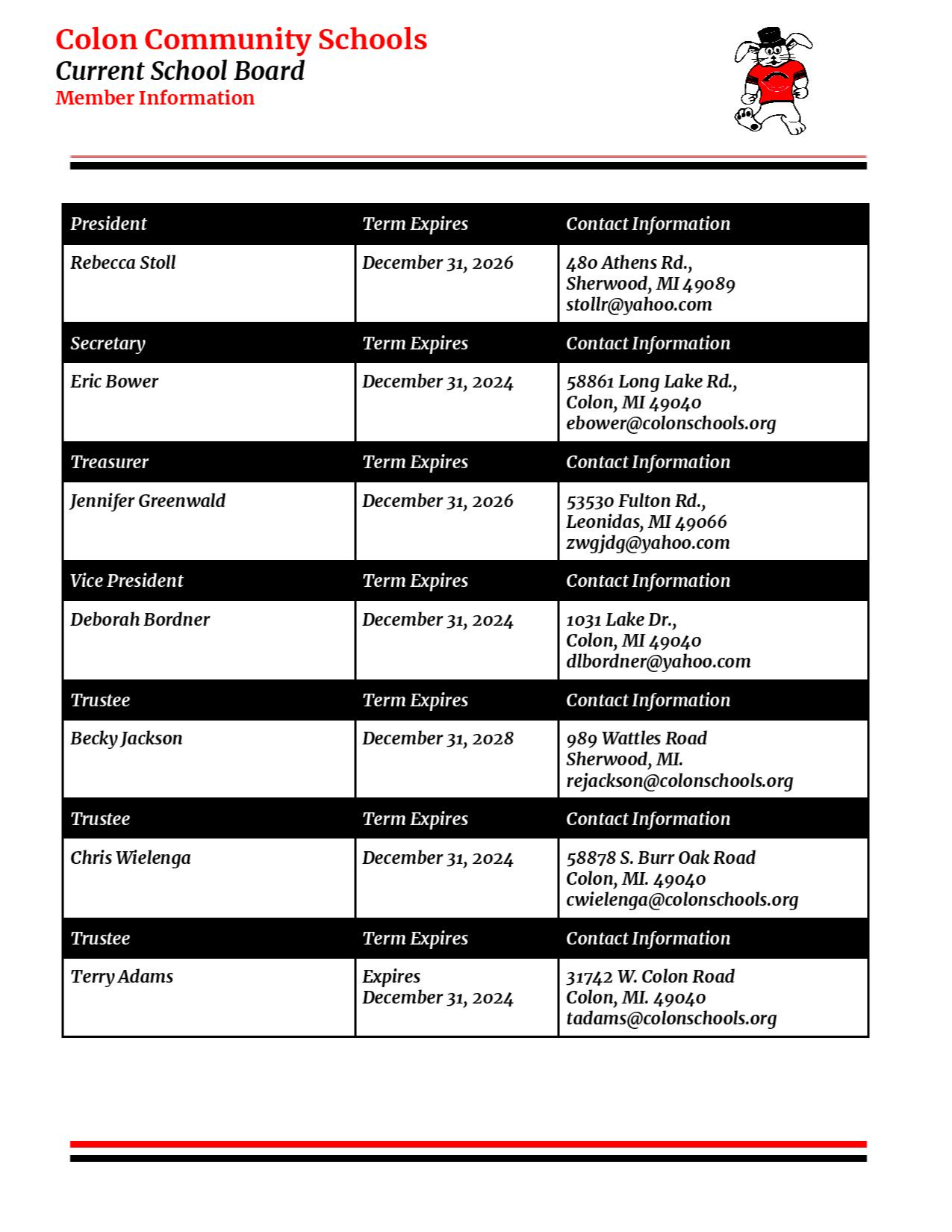 Board of Education Colon Community Schools