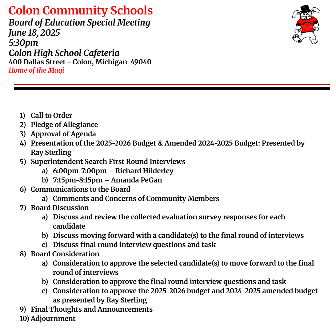 June 18, 2025 Special Meeting Agenda