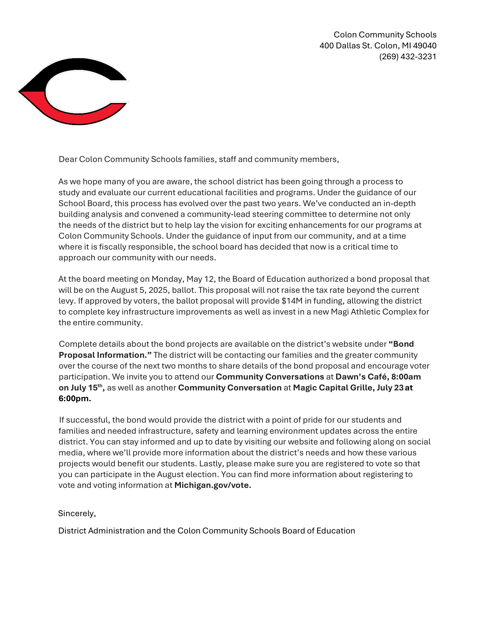 Letter to the Community