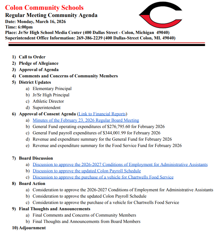 March 16, 2026 Board of Education Regular Meeting Community Agenda