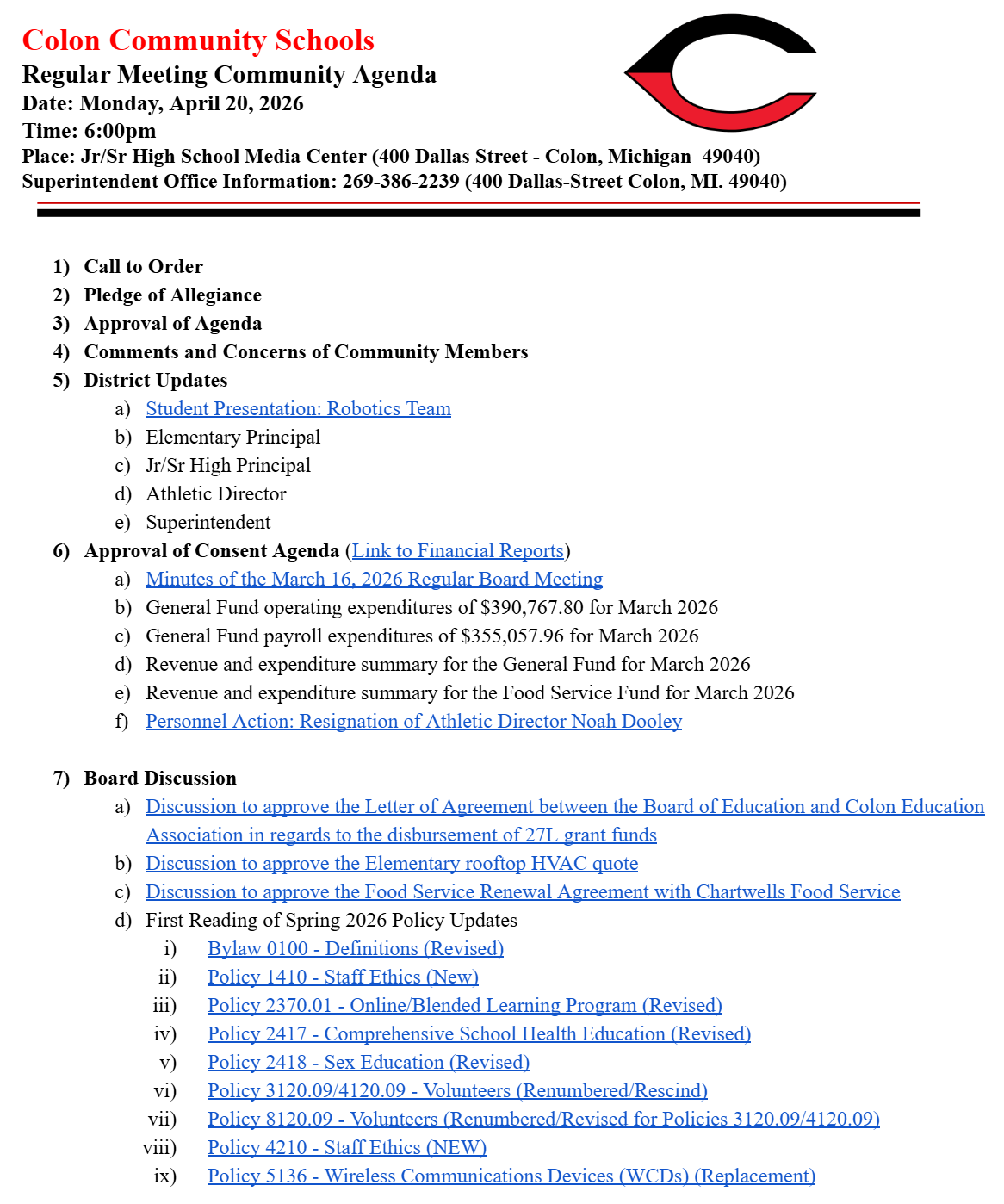 April 20, 2026 Board of Education Regular Meeting Community Agenda