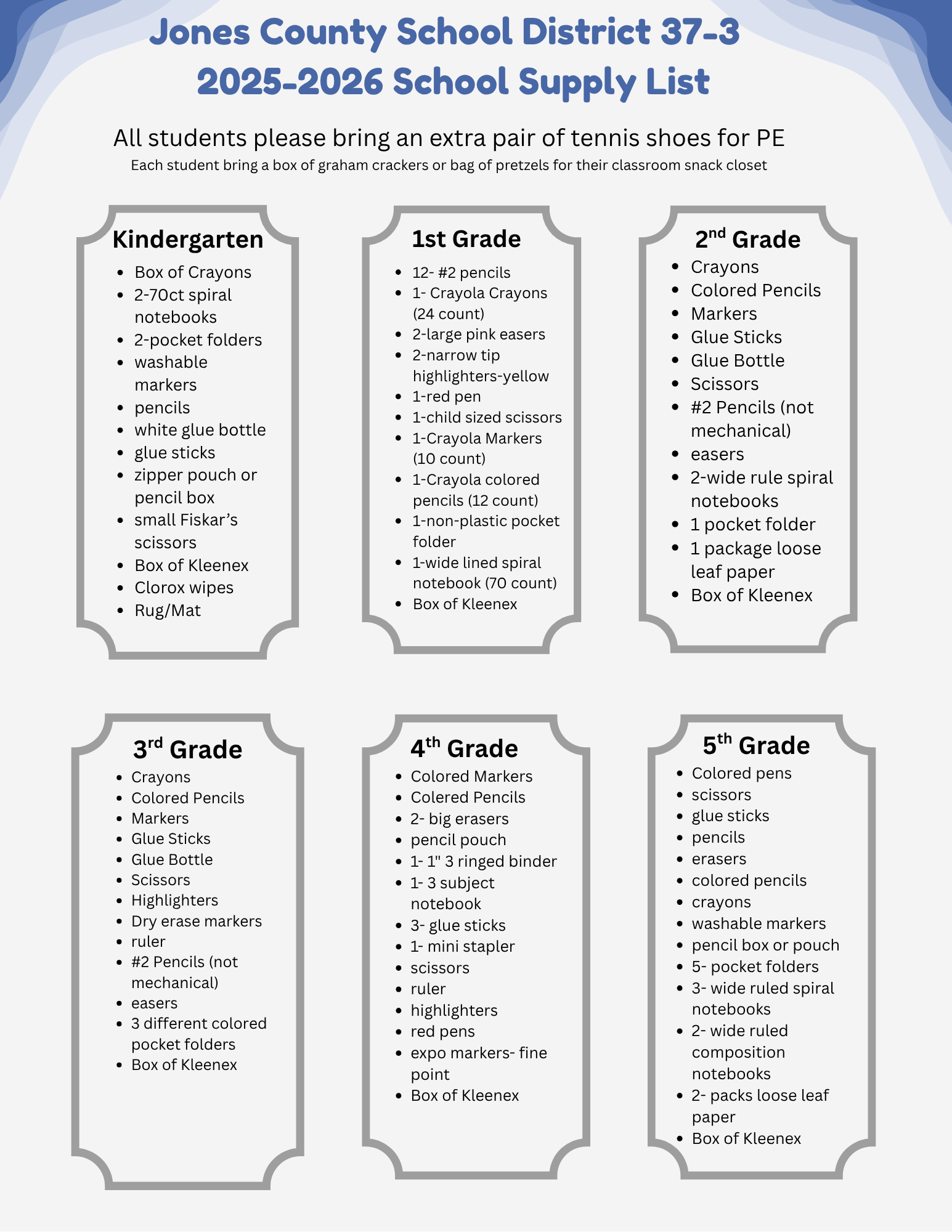 School Supply List- Please call the school if you need a copy sent to you. 605.669.2258