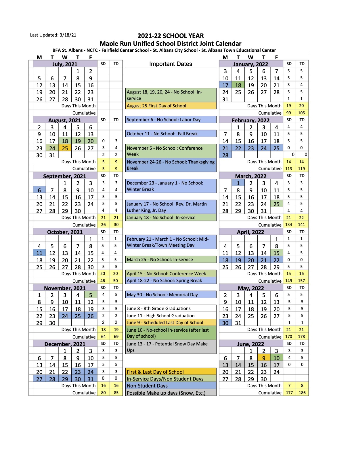 21-22 School Calendar | Fairfield Center School