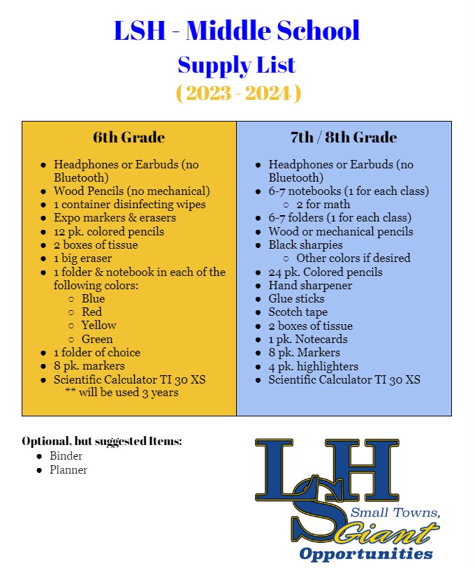 Middle School Supply List Le SueurHenderson Middle/High School