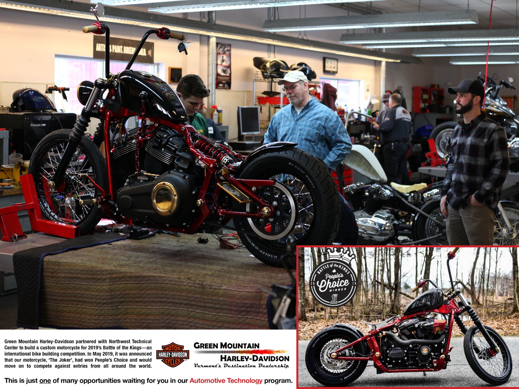 A few folks gathered around a motorcycle