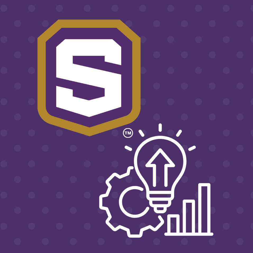 A purple background with white dots contains a white 'S' inside a yellow-bordered hexagon, a light bulb with an arrow, a gear, and a bar chart.