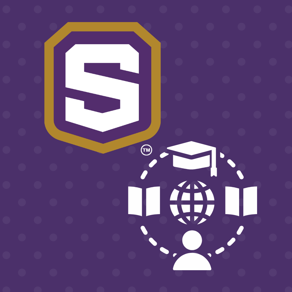 Purple background with a logo featuring a letter 'S' and a graduation cap surrounded by books and a globe.
