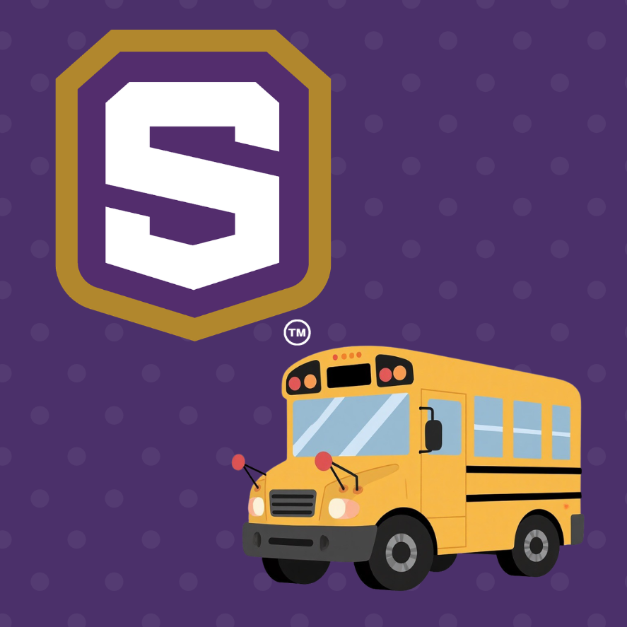 Yellow school bus with a "S" logo on a purple background with small dots.
