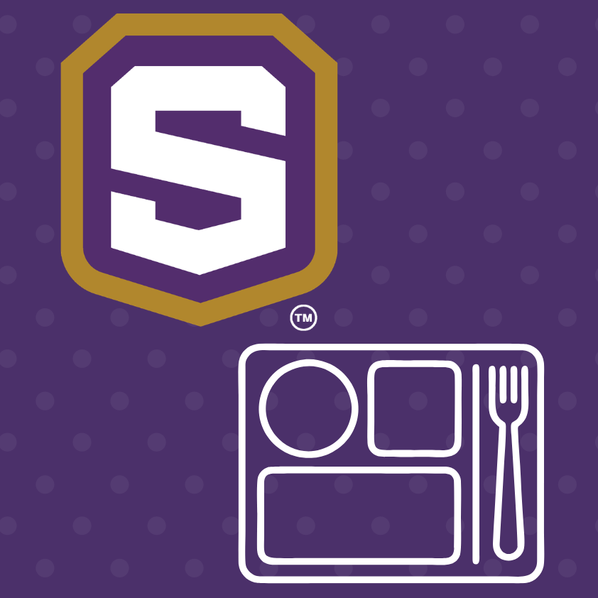 Purple background with white dots. A white shield with "S" logo on top and a meal tray icon below.