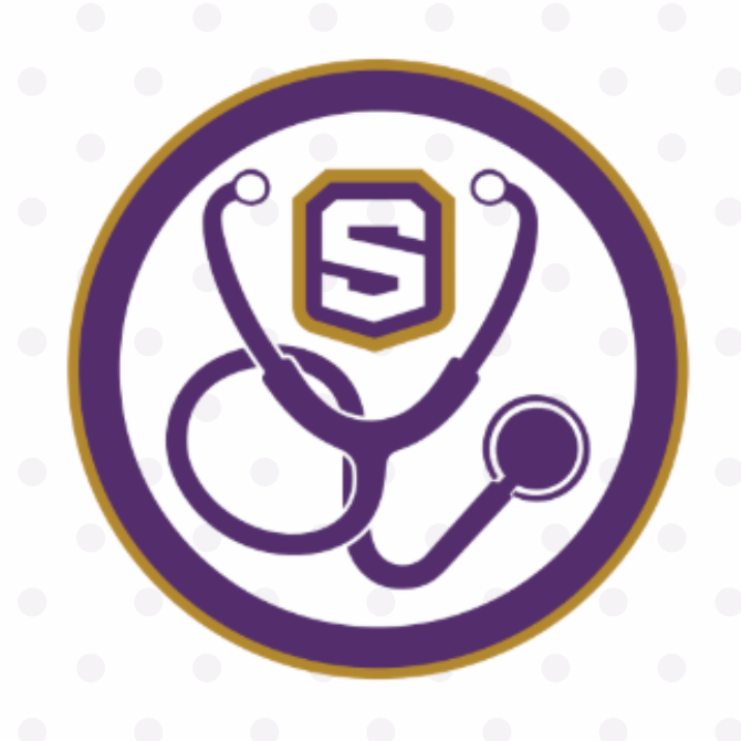 A circular logo with a stethoscope and letter S in purple on a dotted white background.