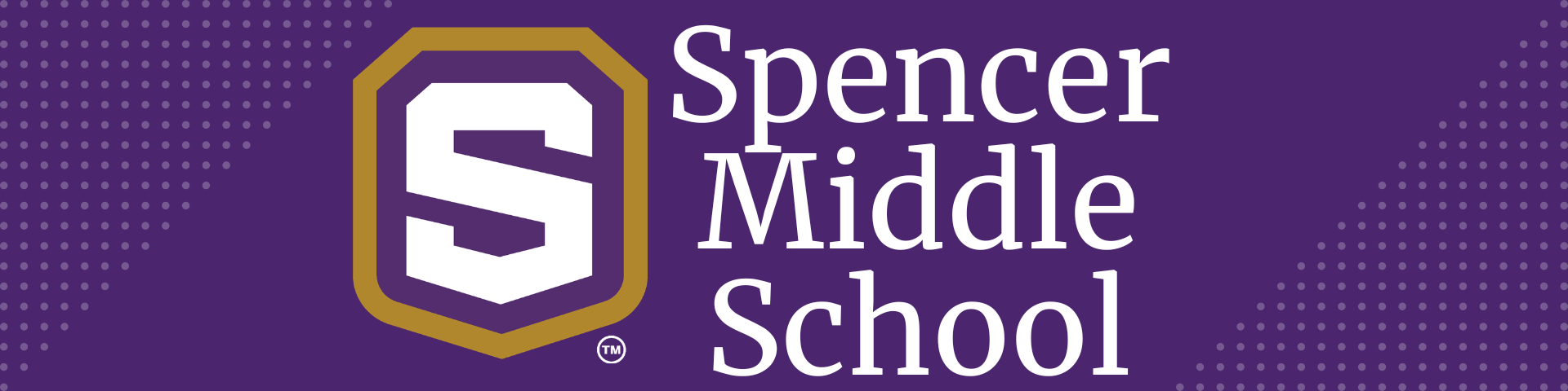 Logo for Spencer Middle School on a purple background with white and yellow accents, featuring the letter "S".