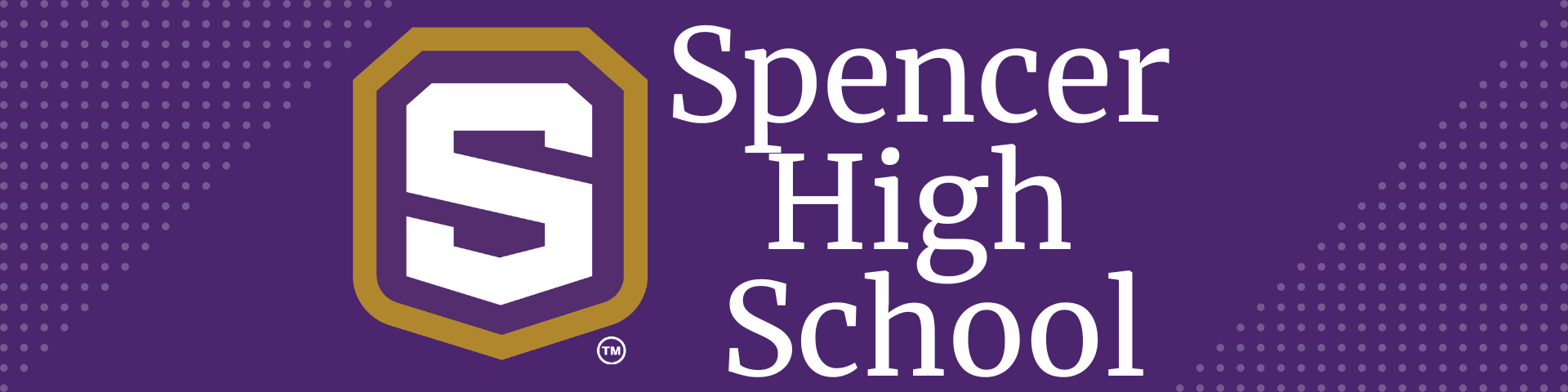 Purple background with white dots. A logo with "S" in a shield shape and "Spencer High School" text.