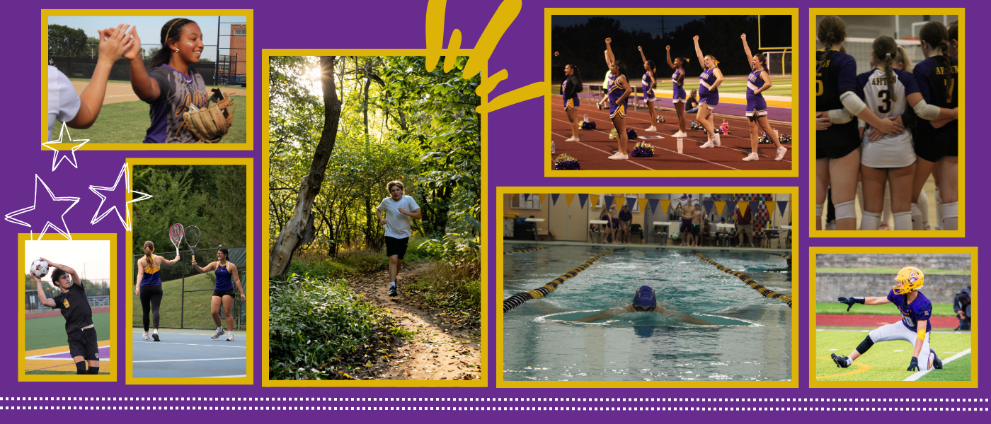What is the primary purpose of this image, and where will it be used (e.g., website banner, social media graphic, promotional brochure)?   Suggested ALT Text: "A collage of student athletes and cheerleaders competing in various sports, including softball, tennis, cross-country, track cheerleading, swimming, soccer, volleyball, and football.