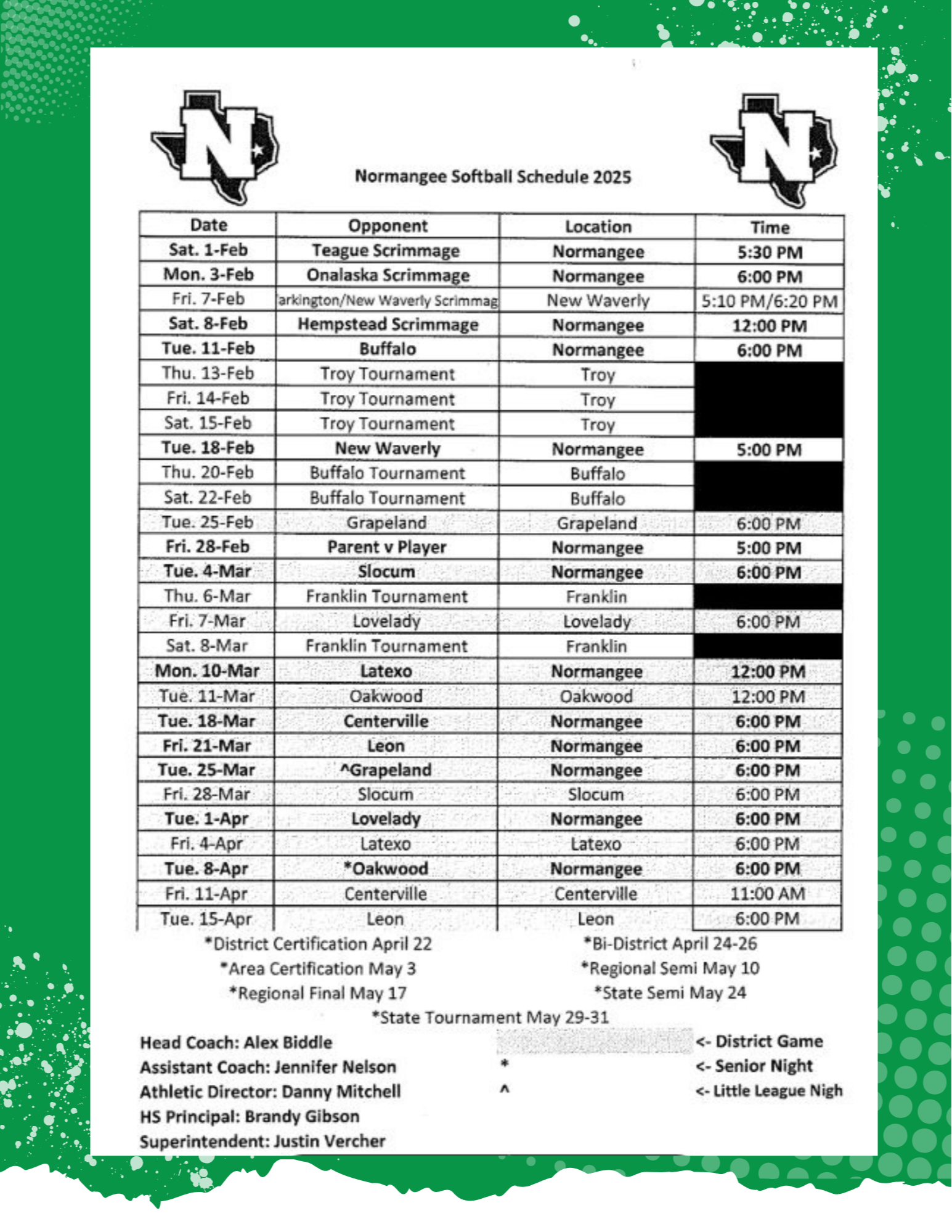 Softball Schedule