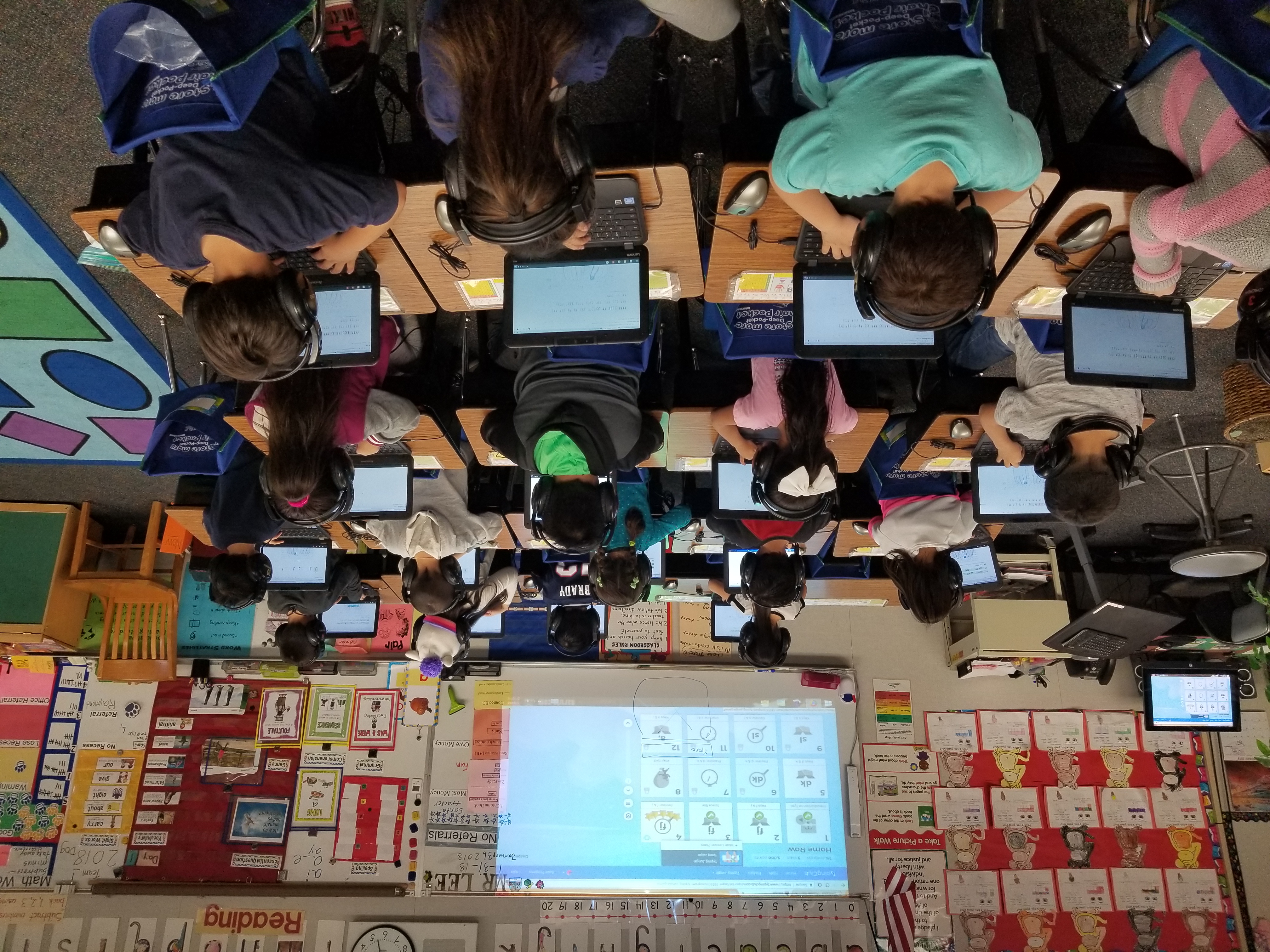 The backs of students who are on chrome books in a classroom.