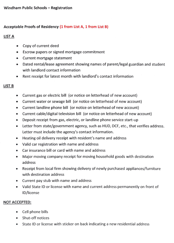 Acceptable Items for Proof of Residency - English